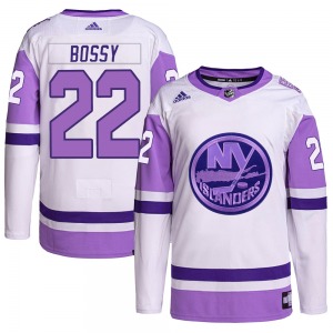 Authentic Adidas Adult Mike Bossy White/Purple Hockey Fights Cancer Primegreen Jersey - NHL New York Islanders
