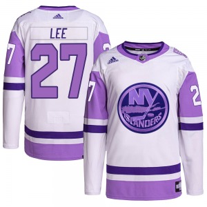 Authentic Adidas Adult Anders Lee White/Purple Hockey Fights Cancer Primegreen Jersey - NHL New York Islanders