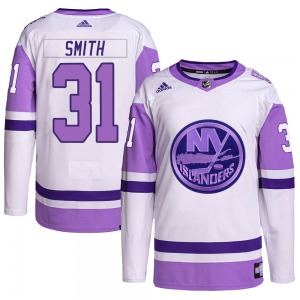 Authentic Adidas Adult Billy Smith White/Purple Hockey Fights Cancer Primegreen Jersey - NHL New York Islanders
