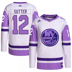 Authentic Adidas Adult Duane Sutter White/Purple Hockey Fights Cancer Primegreen Jersey - NHL New York Islanders