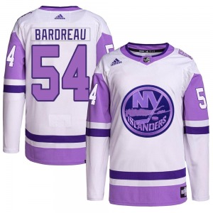 Authentic Adidas Youth Cole Bardreau White/Purple Hockey Fights Cancer Primegreen Jersey - NHL New York Islanders
