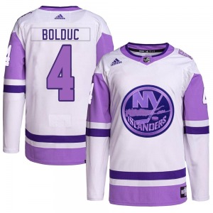 Authentic Adidas Youth Samuel Bolduc White/Purple Hockey Fights Cancer Primegreen Jersey - NHL New York Islanders