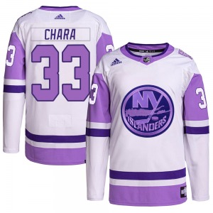 Authentic Adidas Youth Zdeno Chara White/Purple Hockey Fights Cancer Primegreen Jersey - NHL New York Islanders