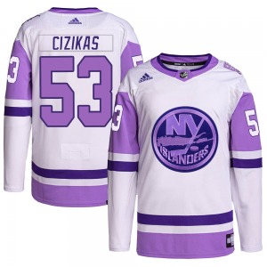Authentic Adidas Youth Casey Cizikas White/Purple Hockey Fights Cancer Primegreen Jersey - NHL New York Islanders