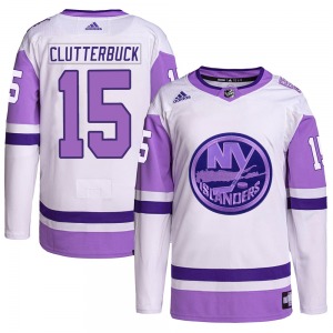 Authentic Adidas Youth Cal Clutterbuck White/Purple Hockey Fights Cancer Primegreen Jersey - NHL New York Islanders