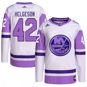 Authentic Adidas Youth Seth Helgeson White/Purple Hockey Fights Cancer Primegreen Jersey - NHL New York Islanders