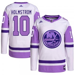 Authentic Adidas Youth Simon Holmstrom White/Purple Hockey Fights Cancer Primegreen Jersey - NHL New York Islanders