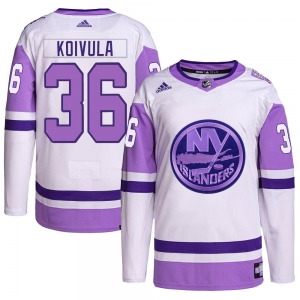 Authentic Adidas Youth Otto Koivula White/Purple Hockey Fights Cancer Primegreen Jersey - NHL New York Islanders