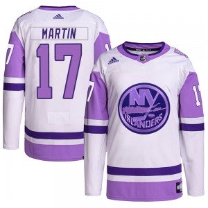 Authentic Adidas Youth Matt Martin White/Purple Hockey Fights Cancer Primegreen Jersey - NHL New York Islanders