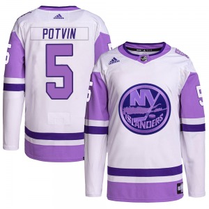 Authentic Adidas Youth Denis Potvin White/Purple Hockey Fights Cancer Primegreen Jersey - NHL New York Islanders