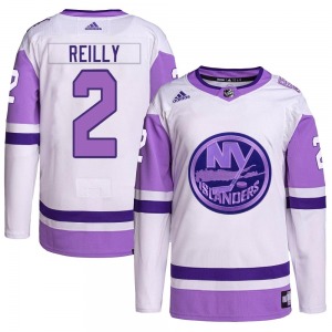 Authentic Adidas Youth Mike Reilly White/Purple Hockey Fights Cancer Primegreen Jersey - NHL New York Islanders