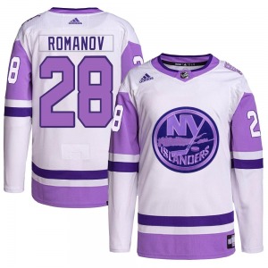 Authentic Adidas Youth Alexander Romanov White/Purple Hockey Fights Cancer Primegreen Jersey - NHL New York Islanders