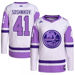 Authentic Adidas Youth Nikita Soshnikov White/Purple Hockey Fights Cancer Primegreen Jersey - NHL New York Islanders