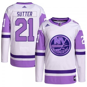 Authentic Adidas Youth Brent Sutter White/Purple Hockey Fights Cancer Primegreen Jersey - NHL New York Islanders
