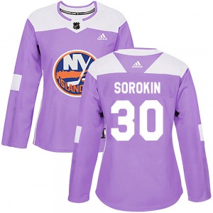 Authentic Adidas Women's Ilya Sorokin Purple Fights Cancer Practice Jersey - NHL New York Islanders