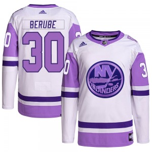 Authentic Adidas Youth Jean-Francois Berube White/Purple Hockey Fights Cancer Primegreen Jersey - NHL New York Islanders
